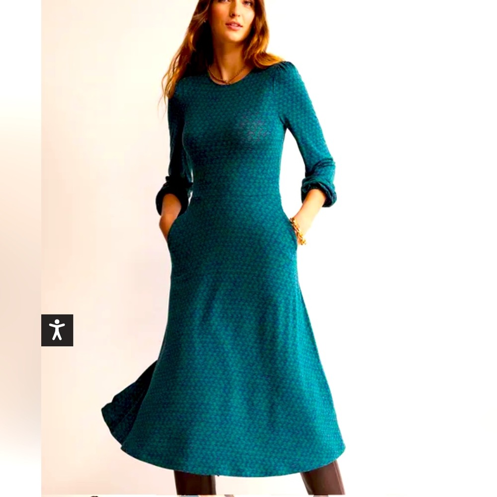 Boden Midi Dress blue green, size 6 R; long sleeve, with pockets, comfy